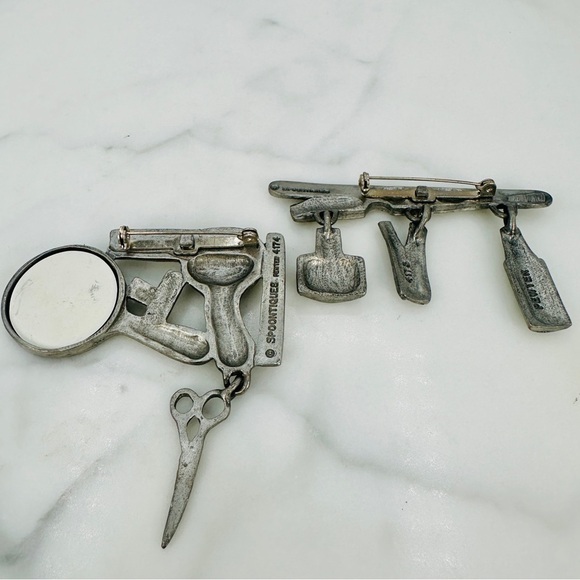 Vintage Pewter Brooch Lot Salon Manicure Nail Spoontiques JJ Blow Dryer Scissor - Picture 6 of 10